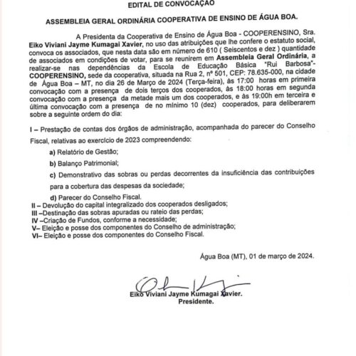 Escola Cooperensino de Água Boa realizará Assembleia Geral Ordinária